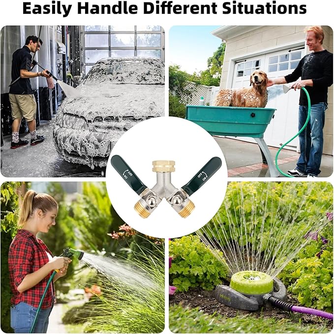 Hose Splitter 2 Way, Brass High Flow Garden Hose Splitter Heavy Duty, Hose Connector, Water Spigot Splitter, Full Flow Faucet Splitters with shutoff, 3/4” GHT Inlet