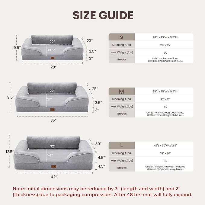 Orthopedic Dog Beds for Medium Size Dogs, Waterproof Egg-Crate Foam Pet Couch Bed with Soft Sides, Non-Slip Dog Sofa with Flannel Removable Washable Cover, 28" Supportive Pet Sofa, Light Grey