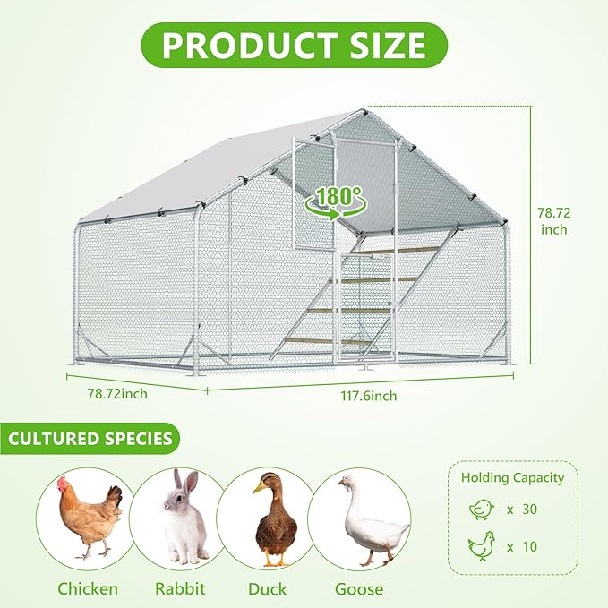 Large Metal Chicken Coop,Chicken Run for Yard with Feeding Door,Walk-in Chicken Pen,Outdoor Poultry Cage with Anti-UV Cover,Duck Rabbit House
