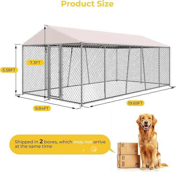 Lyromix 10 x 20FT Large Outdoor Dog Kennel with Roof, Dog Kennel Outside with Waterproof Cover, Galvanized Heavy Duty Chain Link Dog Runs Cage Playpen for Outside with Secure Lock