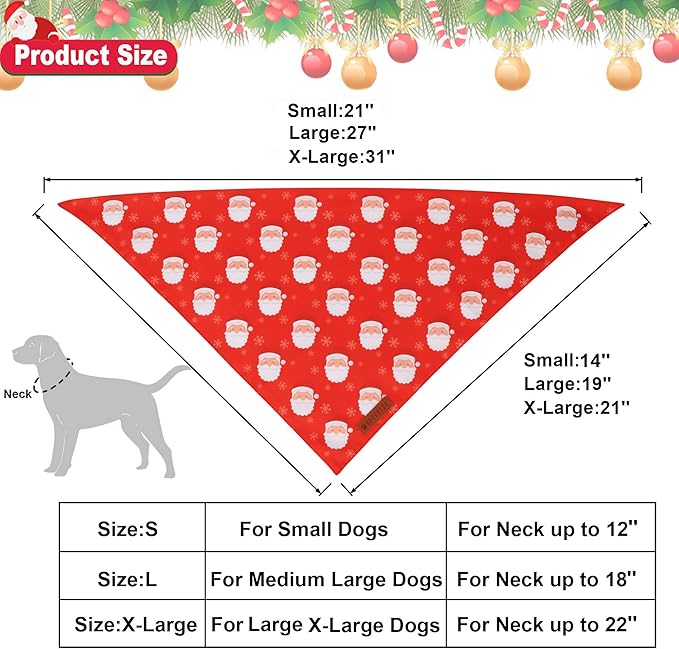 ADOGGYGO Red Christmas Dog Bandanas, Santa Reindeer Print Pet Scarf, Premium Durable Fabric, Red Christmas Bandanas for Medium Large Dogs (Large)