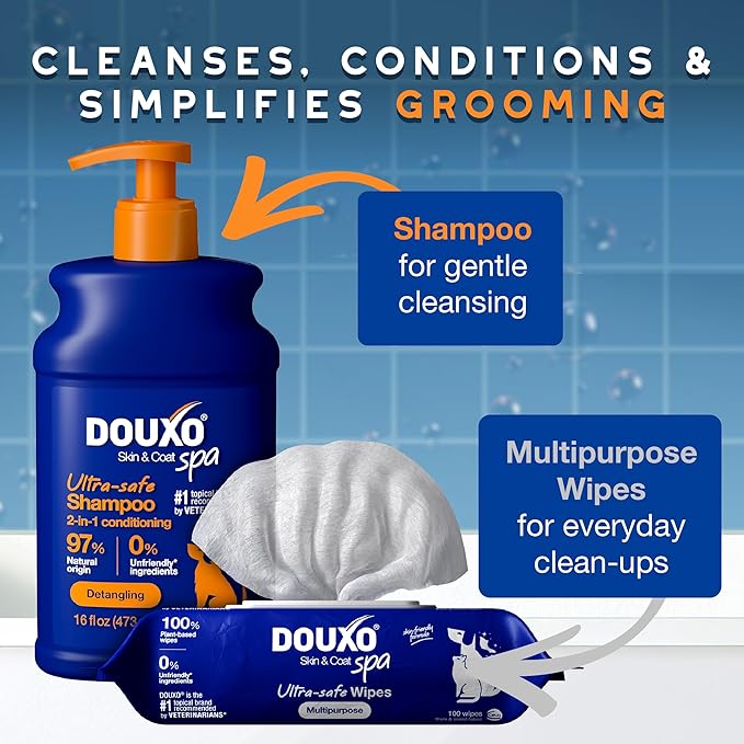 DOUXO® Skin & Coat SPA – Ultra-Safe Combo for Dogs, 2-in-1 Conditioning Shampoo (16 fl oz, Cleanses & Conditions) + Multipurpose Wipes (100 Count, Refreshes Coat)