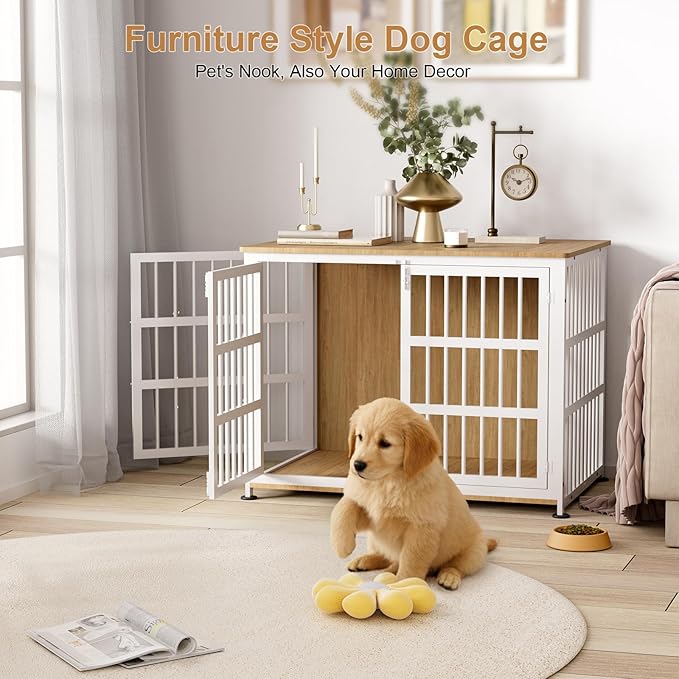 42" Furniture Style Large Dog Crate with Wheels, Metal Chew-Resistant Dog Kennel Indoor for Large & Medium Dogs, 41.9" W x 28.3" D x 31.7" H, Decorate House as TV Stand, End Table — Natural and White