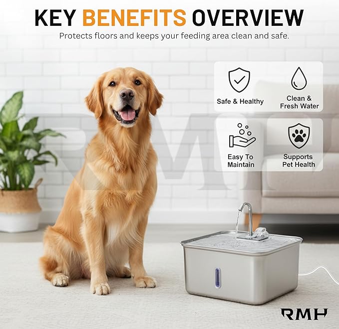 7L Stainless Steel Cat & Dog Water Fountain with 12×16 Waterproof Anti-Slip Mat, Automatic Pet Water Fountain with Quiet Pump, Triple-Stage Filter & LED Water Window for Multi-Pet Homes