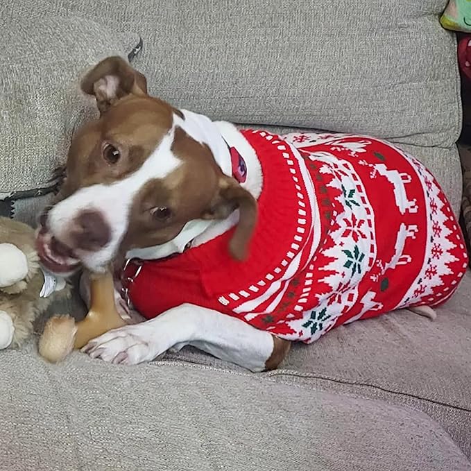 KYEESE Dog Christmas Sweater, Warm Turtleneck Dog Sweater for Medium Dogs Boy Girl with Snowflake Reindeer Pattern, Cozy Winter Doggie Knitwear with Leash Hole, Soft Pet Clothes, XX-Large