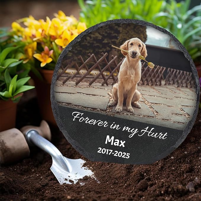 Personalized Pet Memorial Stone with Photo Display, Round Slate Plaque with Stand, Custom Pet Remembrance Gift，4"/6"/8"