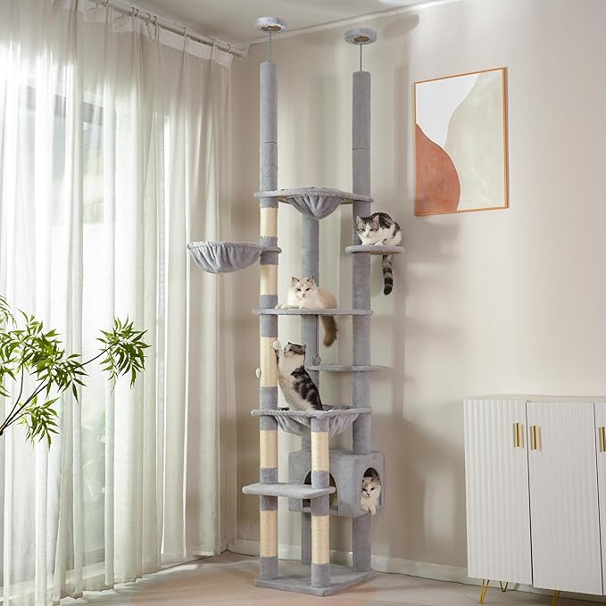 Floor to Ceiling Cat Tree Corner Cat Tower with Adjustable Height 88.9-109 inches (226-279cm) with Large Hammocks,Condo,Multi Platforms and Scratching Post for Indoor Cats-Gray Dual Posts
