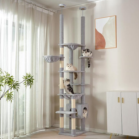 Floor to Ceiling Cat Tree Corner Cat Tower with Adjustable Height 88.9-109 inches (226-279cm) with Large Hammocks,Condo,Multi Platforms and Scratching Post for Indoor Cats-Gray Dual Posts