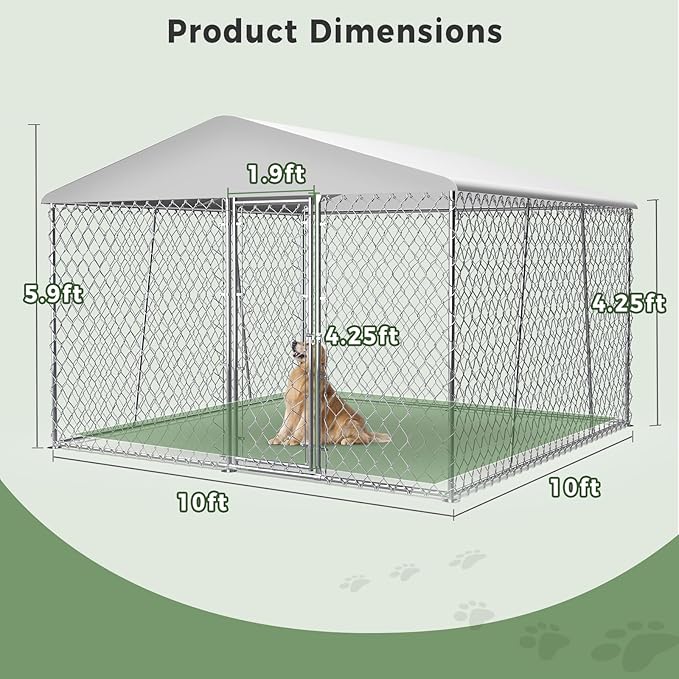 Lyromix Upgraded 10×10FT Outdoor Dog Kennel with Roof, Large Dog House Pen Enclosure with Sidebar, Heavy Duty Chain Link Kennel with Lock for Outside Backyard