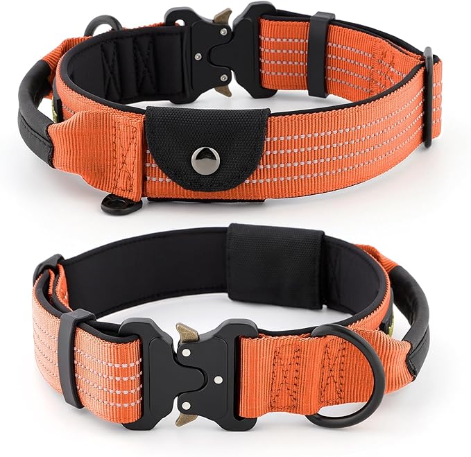 Plutus Pet Tactical Dog Collar with Tracker Pocket for AirTag, Adjustable Reflective Nylon Collar, Metal Buckle, Leather-Wrapped Handle, Soft Padded for Medium Large Dogs (Orange, S)