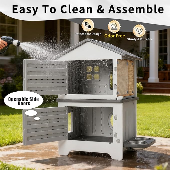 Rockever Outdoor Cat House, 2-Story Waterproof Cat House for Outdoor Cats with Escape Door, Elevated Feral Cat House Indoor, Sturdy Stainless Steel Bowl & Scratching Post, Clean Easily(Grey)