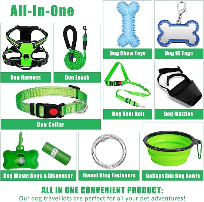 No Pull Dog Harness Adjustable Collar & Leash Set - Dog Halter Harnesses Collapsible Bowls & Poop Bag Dispenser Muzzle ID Tags Toys Fits Small Medium Large Dogs (Green-M)