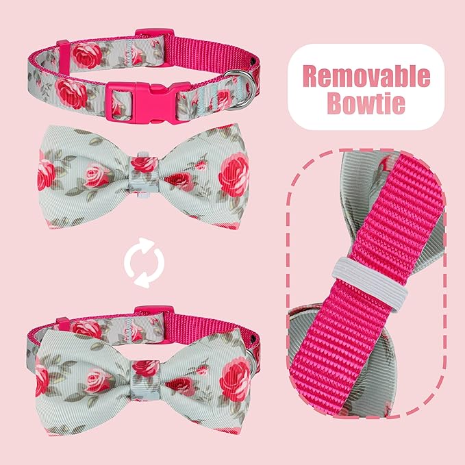 azuza Dog Collar with Bow Tie, Soft and Comfortable Adjustable Bowtie Dog Collar for Medium Dogs (M, Camellia Flower)