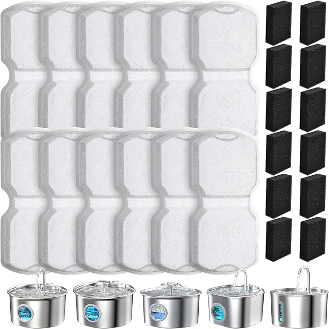 Cat Fountain Filter, 24 Pcs Cat Fountain Filters Replacement & Pre-Filter Sponges for Pet Water Fountain Stainless Steel with Water Level Window