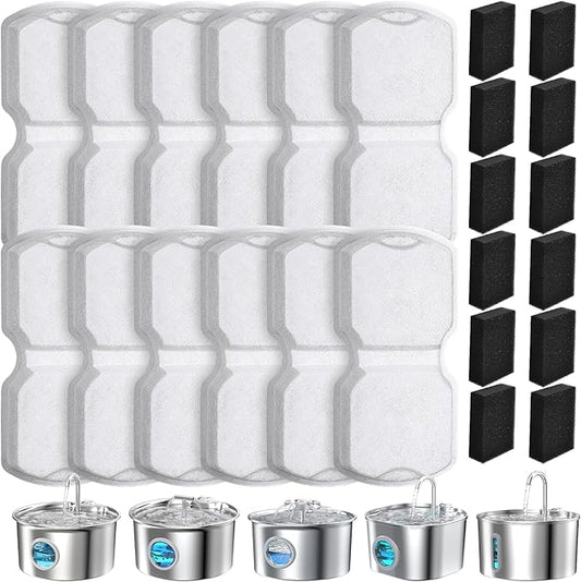 Cat Fountain Filter, 24 Pcs Cat Fountain Filters Replacement & Pre-Filter Sponges for Pet Water Fountain Stainless Steel with Water Level Window