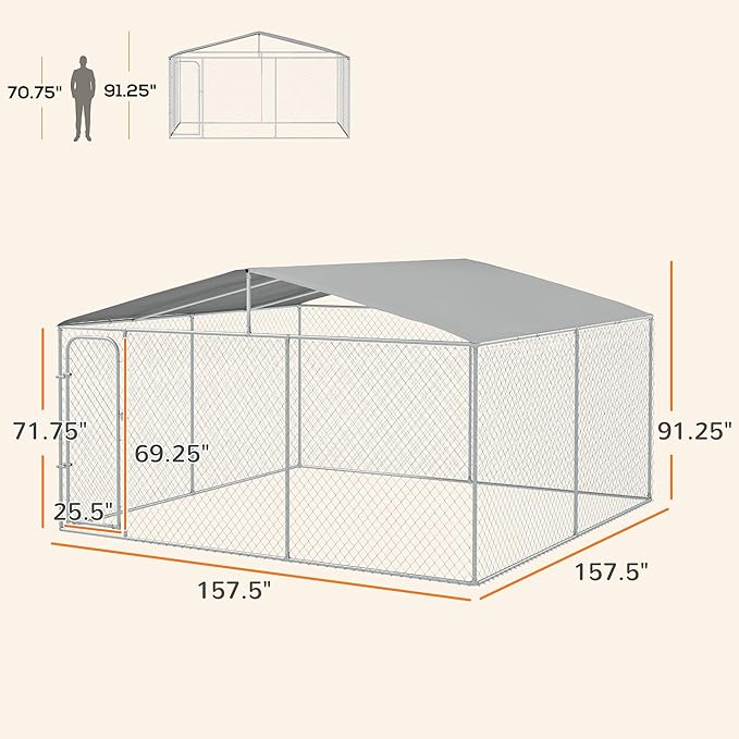 PawHut Outdoor Dog Kennel, Heavy Duty Dog Run Outdoor Fence with Waterproof Cover, Galvanized Chain Link, Secure Lock, for Large Breeds, Chickens, Ducks, 13' x 13' x 7.5'