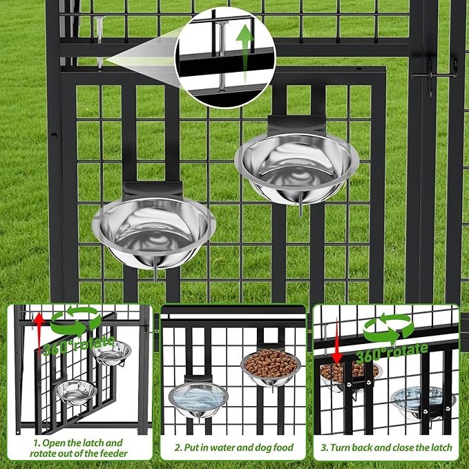 ROOMTEC Heavy Duty Outdoor Dog Kennel with Rotating Bowls, 8 x 4 x 5.6-ft