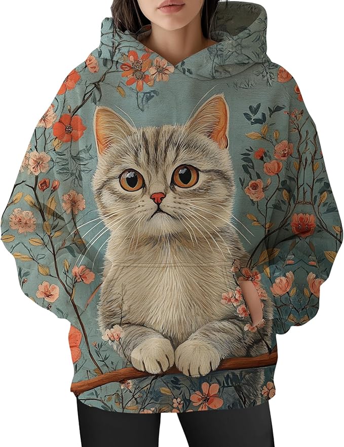 Womens Funny Cat Hoodies Oversized Graphic Hooded Sweatshirt for Women Fall Plus Size Pullover Hoodie Y2K