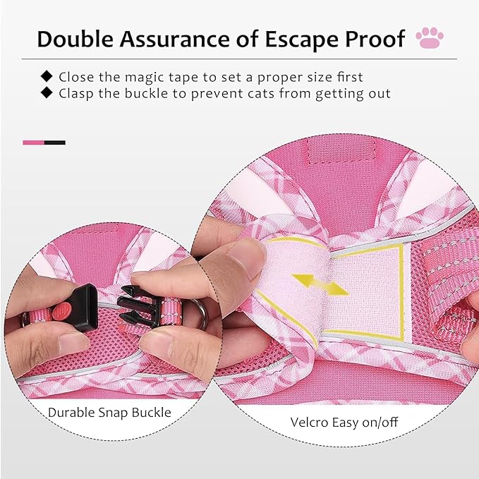 Cat Harness and Leash Set for Walking, Escape Proof Adjustable Soft Mesh Kitten Harness with Reflective Strips, Breathable No-Choke Pet Vest for Small Cats or Puppies(Pink,M)