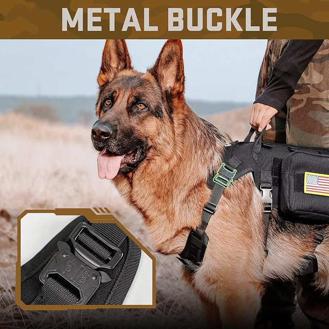 Forestpaw Tactical Dog Harness for Large Dogs,Tactical Dog Collar with Bungee Leash Set,No Pull Military Dog Harness for Walking Training,Adjustable for Medium Large Dogs,Black,Chest 21.5-45"
