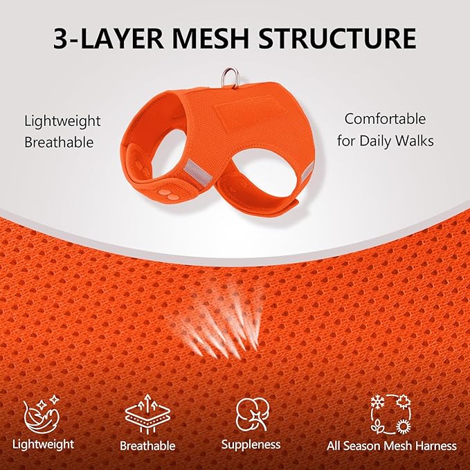 Dog Harness for Puppy – Adjustable Reflective Easy Put On Soft Mesh Vest for Small Dogs with 2 Patches (Orange,S)