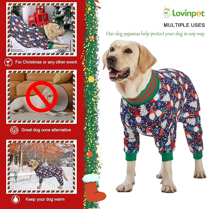 LovinPet Large Dog Christmas Pajamas - Christmas Outfit Xmas Holiday Costume for Dogs, Lightweight Pullover, A Gnome to FA La Navy Prints Large Dog PJ's Pitbull Clothes, 3XL