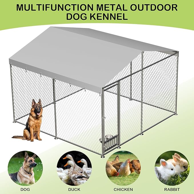 Outdoor Dog Kennel, 10x10 Ft Large Heavy Duty Dog Enclosure with Waterproof Cover Roof, Chain Link Dog Runs Dog House with Secure Lockable Door for Outside Backyard