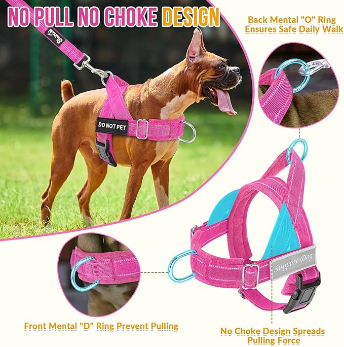 SlowTon No Pull Dog Harness - Heavy Duty Dog Harness and Leash Set for Medium Large Dogs, Reflective Tactical Harness with Soft Padded and Front Clip for Easy Walk and Training (Fuchsia S)