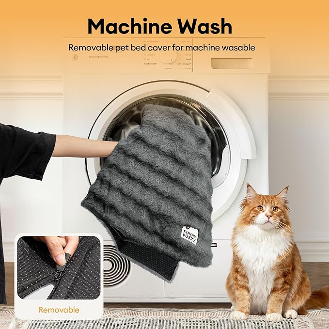 FUNNY FUZZY Self Warming Cat Bed, Waterproof Self Heating Pad for Cats & Dogs, Cozy Plush Warm Pet Mat with Removable Washable Cover - ThermoPad, 25.5"×17.7", Grey