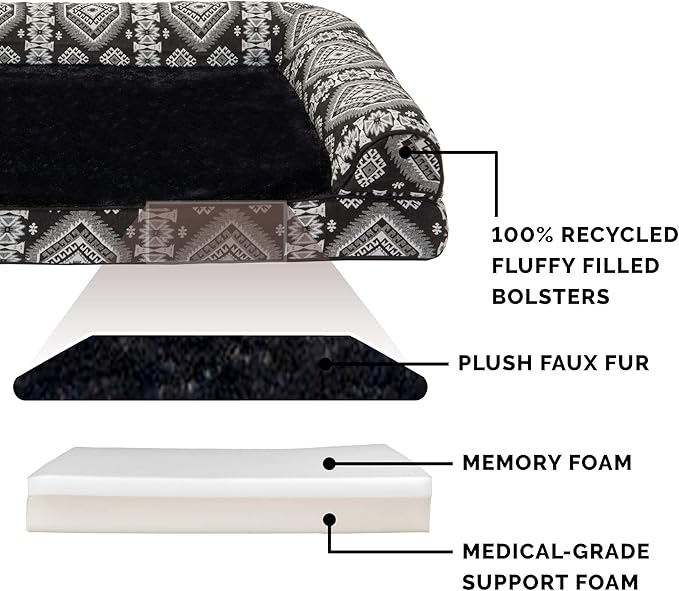 Furhaven Memory Foam Dog Bed for Large/Medium Dogs w/ Removable Bolsters & Washable Cover, For Dogs Up to 55 lbs - Plush & Southwest Kilim Woven Decor Sofa - Black Medallion, Large