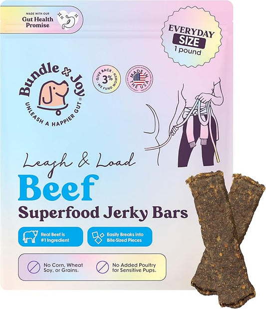 Bundle x Joy Leash & Load Beef Jerky for Dogs - 16 Oz Bag, Natural Superfood - Corn, Poultry, Soy & Grain Free Beef Dog Treats Made in USA Only