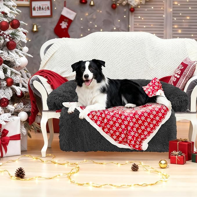 GGIB Calming Dog Bed Christmas Throw Blanket Fluffy Plush Dog Mat Furniture Protector Decoration Holiday Throw for Sofa Couch Cover for Large Medium Small Dogs Cats (Medium, Dark Grey)