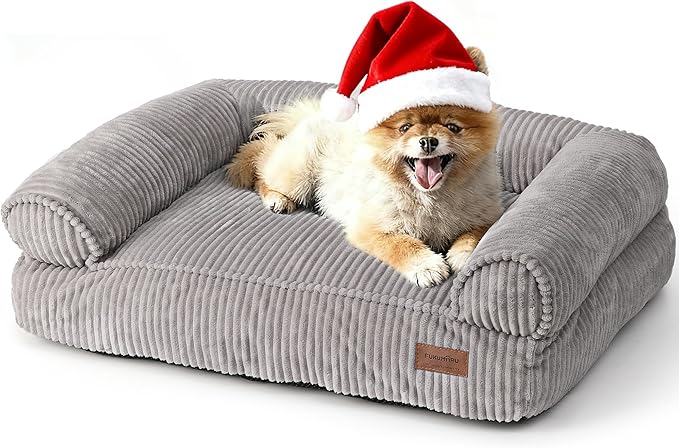 FUKUMARU Dog Couch Bed, Corduroy Cozy Cat Bed for Indoor Cats with Washable Cover, 28in Waterproof Orthopedic Dog Beds Sofa for Small Dogs and Large Cats, Cute Warm Cotton Pet Sofa, Grey
