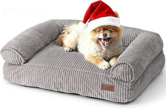 FUKUMARU Dog Couch Bed, Corduroy Cozy Cat Bed for Indoor Cats with Washable Cover, 28in Waterproof Orthopedic Dog Beds Sofa for Small Dogs and Large Cats, Cute Warm Cotton Pet Sofa, Grey