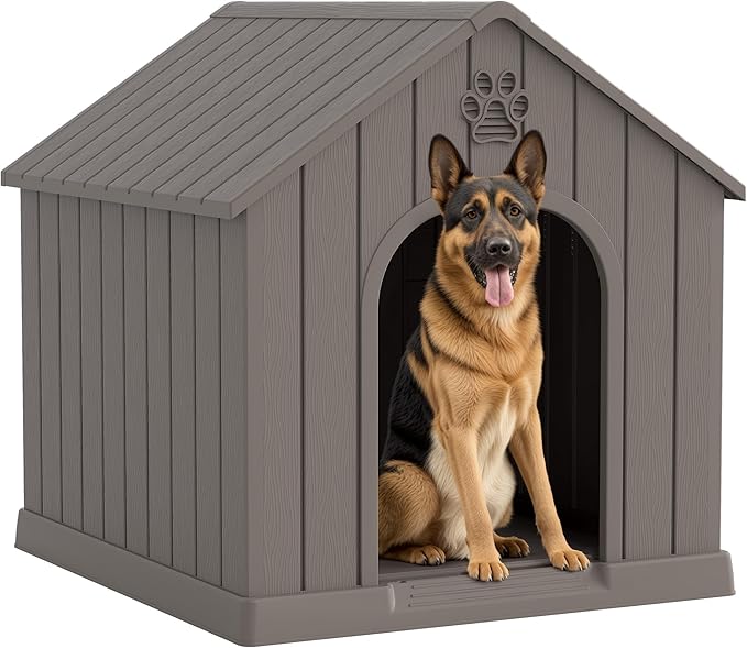 Fancyango Large Dog House Outdoor Indoor for Medium Large Dogs, Sturdy Plastic Waterproof Doghouse with Air Vents and Elevated Floor, Easy Clean and Assemble (Grey, 36.2''L×38''W×38''H)