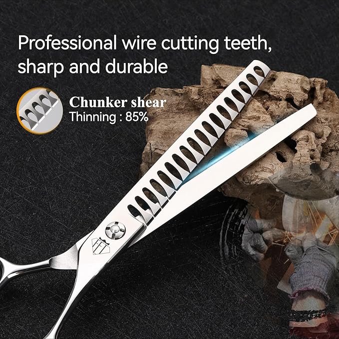 Dog Grooming Scissors: Professional Grooming Scissors for Pet High Precision CNC-Cut Blades, Silver (Chunker, 7")