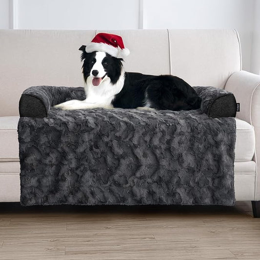 Calming Large Dog Bed for Couch, 41 x 37 inch Removable Couch Cover for Dogs Washable, Non-Slip Fluffy Plush Dog Sofa Mat for Furniture Protector - Dark Grey