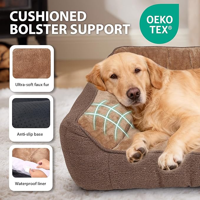 Orthopedic Dog Bed for Extra Large Dogs - Waterproof Memory Foam Dog Couch Bed with Sides, Pet Beds with Washable Cover & Non-Slip Bottom, Brown, 48x35 Inch