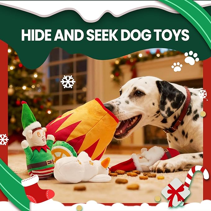Nocciola Christmas Squeaky Dog Toys 4PCS, Interactive Hide and Seek Dog Toys Christmas Theme- Santa/Snowman/Elf in Cannon Toys Plush, Crinkle Dog Chew Toys for Large Medium Small Dogs