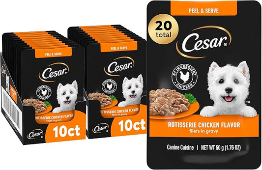 Cesar Filets in Gravy Wet Dog Food, Rotisserie Chicken Flavor, 1.76 oz. Mini-Pouches, 20 Count (Pack of 1)