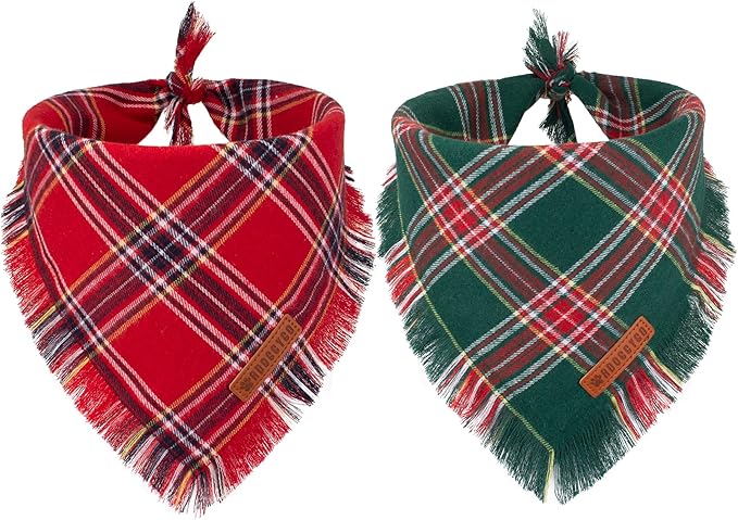 ADOGGYGO Christmas Dog Bandanas with Tassels, Stylish Red Green Plaid Dog Scarf Bib, Multiple Sizes, Pet Christmas Bandanas for Small Dogs Puppies (Small)