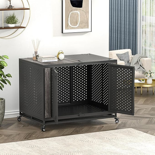 42" Heavy Duty Dog Crate Furniture for Medium and Large Dogs, Enclosed Design with 0.5 inch Holes, Indestructible Metal Kennel for High Anxiety Dogs, Chew Proof Indoor Pet House Cage, Gray