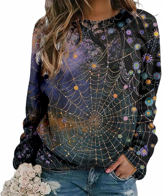 MARSVOVO Fall Sweatshirt for Women Novelty Spider Web Shirt Dressy Casual Crewneck Tunic Tops Spring Graphic Pullover