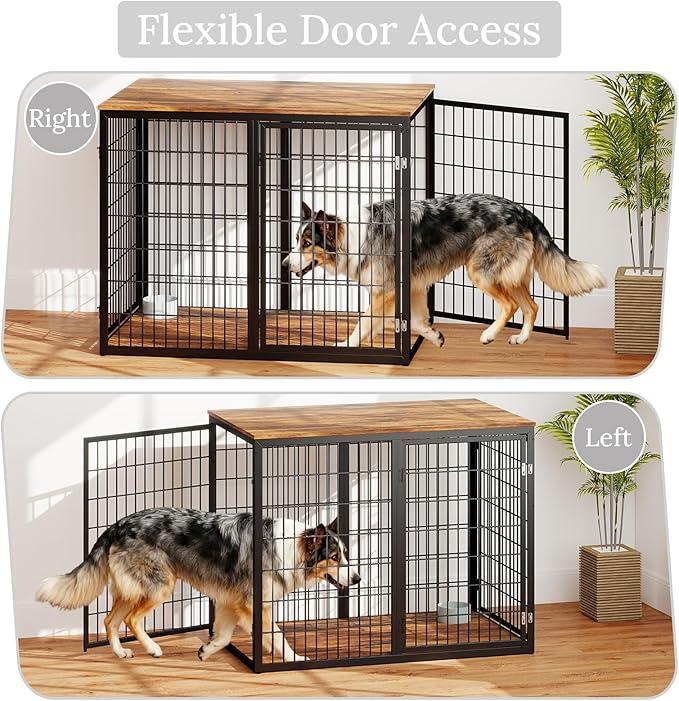 48" Dog Crate Furniture for Medium Large Dogs, Indestructible Large Dog Kennel Indoor with 3 Doors, Wooden Dog Cage Side End Table, Heavy Duty XL Dog Crate, Brown
