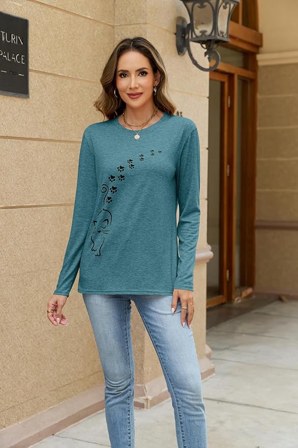 Women's Long Sleeve tees Cat Mom Graphic Tee Shirts Womens Graphic t Shirts Pullover Tops