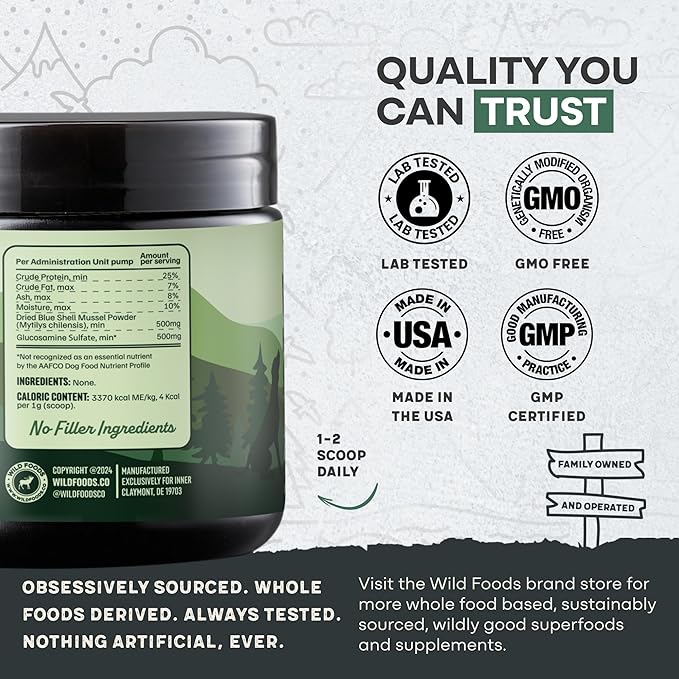 Wild Pets Blue Lipped Mussel & Glucosamine – Dual-Action Dog Hip & Joint Supplement – 500mg Mussel + 500mg Glucosamine per Scoop – 6oz/120 Servings – Higher Protein Than Green lipped Mussels for Dogs