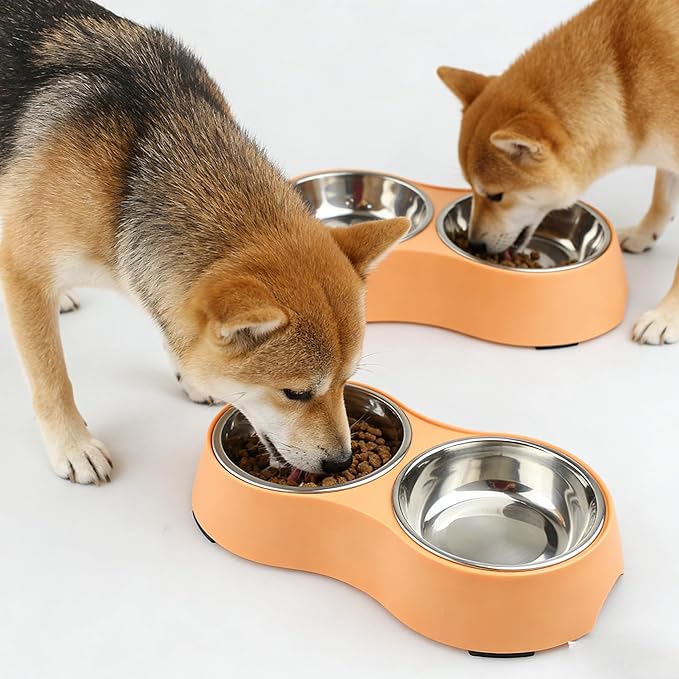 Large Orange Double Pet Bowl – Non-Slip Stainless Steel Food & Water Set for Medium/Large Dogs & Multiple Cats, BPA-Free Mess-Free Feeding Dishes