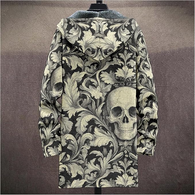MARSVOVO Cool Hippie Long Cardigan Hoodies for Men Zipper Fleece Lined Knit Coat Skull Animal Print Graphic Jackets
