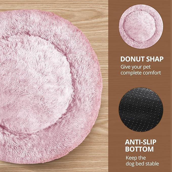 JOLLYVOGUE Small Dog & Cat Beds for Indoor Cats, Donut Cuddler Warming Soft Dog Beds with Anti-Slip Bottom, Round Calming Fluffy Plush Faux Fur Cushion Bed for Medium Dogs (31", Smoke Pink)