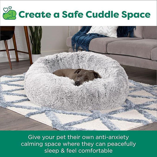 FurHaven 23" Calming Donut Dog Bed for Small Dogs & Cats, Round Plush Donut Design with Soft Filling for Snuggling Comfort, Removable Washable Cover, Small, Shaggy Faux Fur, Mist Gray